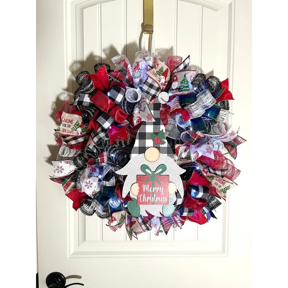 Handmade Merry Christmas Gnome Holiday Ribbon Door Wreath 22 ins W48
